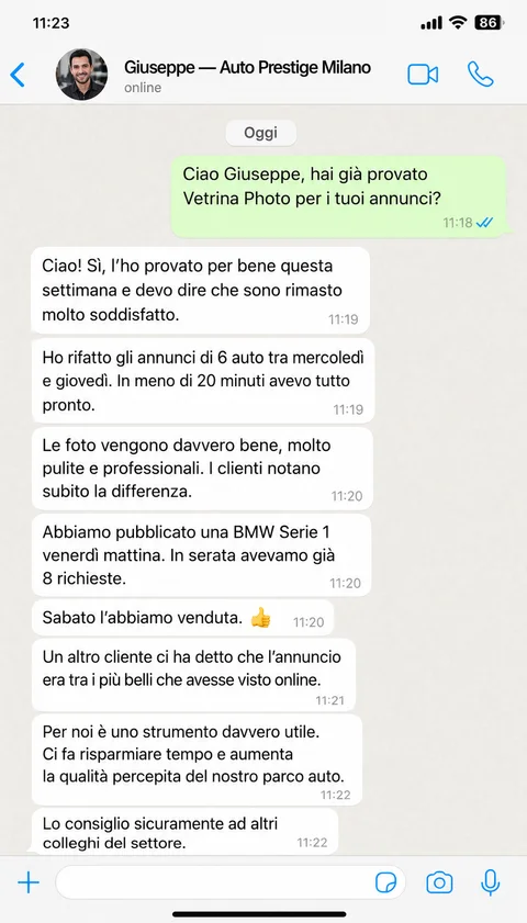 Feedback WhatsApp —Giuseppe, Auto Prestige Milano